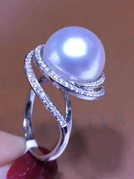 Australijos Nanyang White Pearl Natūralus Jūros Perlas Žiedas 14-15mm Turas Labai Šviesus Nepriekaištinga 18K Gold Diamond
