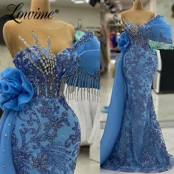 Mėlyna Ilgai Vestuves Suknelė Su Šoniniais Traukinio Undinė Kutas Zawalcowany Kristalai, Elegantiškas Vakare Chalatai Arabų Įžymybė Prom Dresses