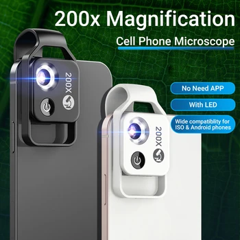 200X Mobilephone Mikroskopu 6 LED Žibintai, Išmanusis telefonas Objektyvas Mikroskopas Su CPL Daugiafunkcinis Microscopio dėl mobiliųjų Telefonų Universalios