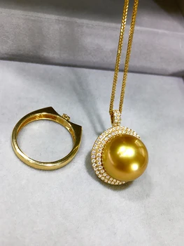Nanyang Aukso Perlas Žiedas, Pakabukas Dvejopo Naudojimo 18K Aukso Inkrustacijos Diamond 13-kaip 14mm Turas Stiprus Natūralus Jūros Perlas