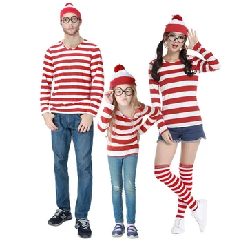 Tėvų-Vaikų, Kur yra Wally Kostiumas Waldo Knyga Savaitę Išgalvotas Suknelė Przybornik Stripe Marškinėliai, Kepurės, Akiniai Rinkinys