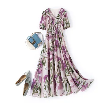 2023 Naujas Didelis Dydis L-4XL Suknelė Moterims Vasaros Lady Drabužiai Aukštos Kokybės Elegantiškas Šalis Ilgai Laisvi Šifono Suknelės Violetinė