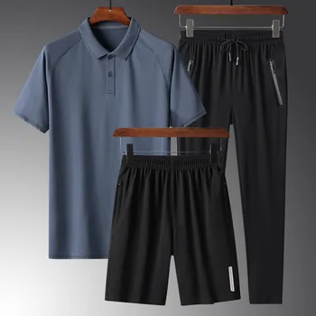 Trijų dalių sportinis kostiumas vyrams vasaros atsitiktinis trumpas rankovėmis vasaros drabužių vidutinio amžiaus POLO marškinėliai, vyriški drabužiai
