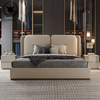 Šviesos prabangūs modernios medžio masyvo odos meno dvigulė lova, miegamojo didelis lova high-end italų dizaineris baldai C3 naujas produktas