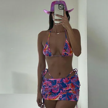 Seksualus Bikini Nustatyti Moterų Bikini su Dangčiu Iki Sijonas maudymosi kostiumėlį, maudymosi Kostiumėliai, Moterų Vasaros Paplūdimio Mados Boho Spausdinti Biquini Maudymosi Kostiumai