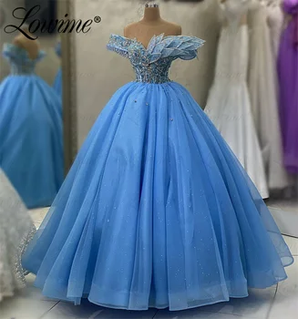 Mėlyna Ilgai Prom Dresses Nuo Peties Kristalai, Uždusęs Vestuvės Dress Saudo Arabija Vakare Chalatai Chalatas De Soiree 2023 Užsakymą