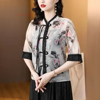 2023 tradicinės kinų vintage palaidinė nacionalinės gėlių spausdinti šifono palaidinė rytietišką tango kostiumas cheongsam viršūnes retro streetwear