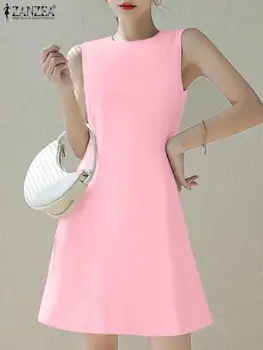 ZANZEA Atsitiktinis Apvalios Kaklo Vestidos Rankovių Mados Bakas Suknelė korėjos Stiliaus Rožinės spalvos Trumpas Chalatai Moterims, Elegantiškas Vasarą Mini Suknelė