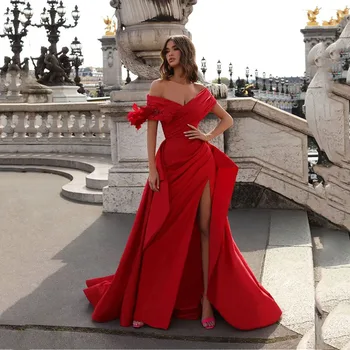 Pusė Ritininės Seksualus Vakaro Suknelės V-Kaklo Išjungti Peties Raudona Satino Ypatinga Proga Suknelės Su Nuimamais Sijonas Ilgas Prom Drabužiai