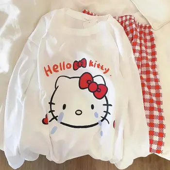 Sanrio Hello Kitty Sleepwears Moterų Ilgos Rankovės, Ilgos Kelnės Mielas Animacinių filmų Apvalios Kaklo Megztinis Atsitiktinis Pajama Komplektai Homewear Dovana