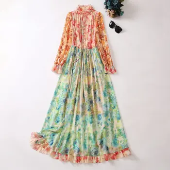 Europos ir Amerikos moterų suknelė 2023 vasaros naują stiliaus ilgomis rankovėmis stovėti apykaklės spalvų gėlių spausdinti plisuotos suknelė, XXL