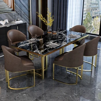 Šviesos prabangus marmuro stalas ir kėdė derinys, stačiakampio formos pietų stalas mažas butas modernus, paprastas valgomojo stalas
