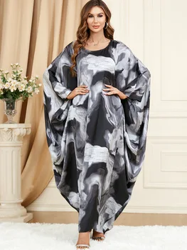 Musulmonų Suknelė Moterims Patogus Chalatas, Femme Musulim Arabų Elegantiškas Prarasti Black Print Šikšnosparnių Rankovėmis Apvalios Kaklo Ilgas Chalatas, Abaja Moterims