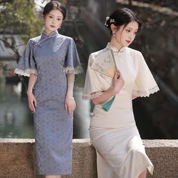 Seksualus Šalies Vakarinę Suknelę Derliaus Moterų Kinijos Retro Stiliaus Plonos Satino Nėriniais Cheongsam Elegantiškas Padalinta Qipao Vestidos