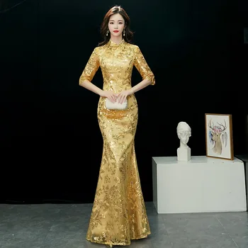 Prabangus Moterų Blizgučiais Pokylių Mermaid Dress Kinų Stiliaus Ponios Vakare Šalies Qipao Vestidos Tradicinių Slim Seksualus Cheongsam