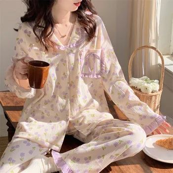Ponios Namų Drabužių Dviejų dalių Komplektas naktiniai drabužiai Pavasarį ir Rudenį ilgomis Rankovėmis Medvilnės Kelnių Kostiumus Moterims Sleepwear Pajama Pyjama