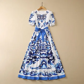 Europos ir Amerikos moterų drabužiai 2023 vasaros naujos Puošnios crewneck Trumpas rankovės mados Blue Print Plisuotos Suknelė