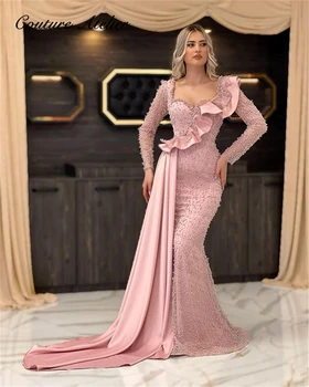 Prabanga Dubajus Rožinė Zawalcowany ilgomis Rankovėmis vakarinę Suknelę Saudo Arabija Pusėje Traukinio Oficialią Šalies Suknelė Ruffels Brangioji Vestido de gala