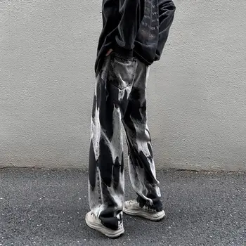 Tiesiai Jean Kelnės korėjos Mados Kaklaraištis dažyti Mens Kelnės Streetwear Džinsinio audinio Kelnės, vyriški Drabužiai, Kelnės Vyrams Baggy A59