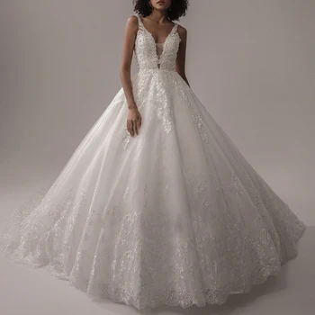Elegantiškas Princesė Suknelė Su V-Kaklo, Rankovių Vestuvių Suknelės 2023 Moterims, Baltos Spalvos Nėrinių Romantišką Nuotakos Suknelė A-Line Bridal Gown