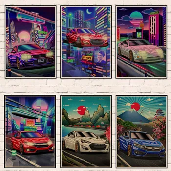 Tokijo Gatvės Lenktynių Nissan GTR Synthwave Neon 80-ŲJŲ Retro Plakato Apdaila Sienos Menas Namų Dekoro Tapybos Kawaii Kambario Dekoro Plakatas