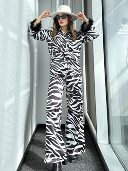 Hiloc Zebras Dryžuotas Plunksnos Sleepwear Moterų Rinkiniai Single-Breasted Aukšto Juosmens Flare Kelnės Nustatyti, Dvigubas Atvartas Kišenės Namų Drabužiai 2023