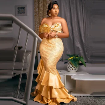 Aukso Undinė Vakaro Suknelės Aso Ebi Stiliaus Prom Chalatai Undinė Raukiniai, Nėriniai Vestuvių Suknelė Afrikos Moterų Kutai Šalis Suknelė 2023