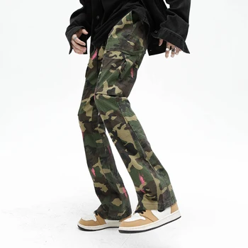 2023 Naujas Kamufliažas spalvų Krovinių Jeans Mens Lauko Baggy Mados Bootcut Džinsai Kelnės Streetwear Hip-Hop Darbo Kelnės Vyras