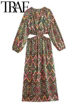 TRAF 2023 Vasaros Spausdinti Mados Moterų Suknelė Tuščiaviduriai Iš V-Kaklo, ilgomis Rankovėmis Moteriška-Line Midi Ilgio Suknelės Chalatai Seksualus
