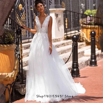 Elegantiškas Balto Vestuvių Suknelės, Nėriniai Moterų Nuotaka 2023 V-Kaklo, Rankovių Tiulio Paplūdimio Vestuvių Suknelės, Backless Vestidos De Novia