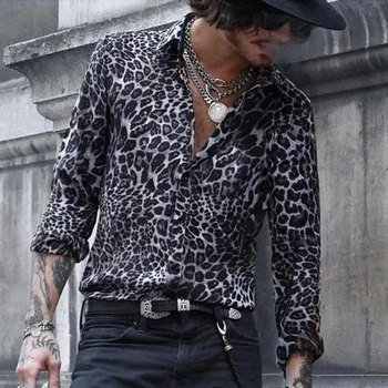 Vyriški Marškiniai, Leopardas Spausdinti ilgomis Rankovėmis Marškinėliai Atsitiktinis Atostogų Turn-žemyn Apykaklės Kvėpuojantis Vieną Breated Žiemos Mados Chic