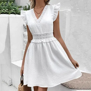 Elegantiškas Nėrinių Susiuvimo A-Line Dresses V-Kaklo, Juosmens Tunika Sundresses Moterų Balta Raukiniai Atostogų Vasaros Suknelė Skraiste Femmes