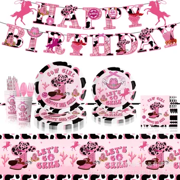 Rožinė Vakarų Kaubojus Mergina Gimtadienio Dekoratyvinis Vienkartiniai Indai Fone Saldainiai, Popierinis Maišelis Balionas Baby Shower Vaikas Dovana