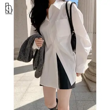 Moterų Rudenį Casaul Balta Pasukite Žemyn Apykaklės Marškinėliai Lady Pagrindinio Negabaritinių Palaidinė Korėjos Paprastu Būdu Streetwear