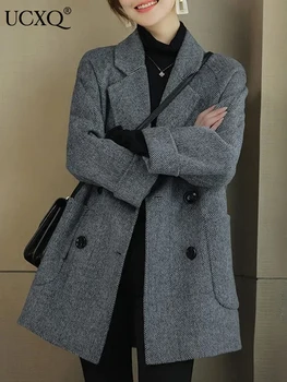 UCXQ Elegantiškas Moterų Vidutinio ilgio Vilnoniai Paltai Office Lady Rudens Žiemos korėjos Prarasti Šiltas, Storos Vilnos Mišinys Striukės Moterų viršutinių drabužių siuvimas