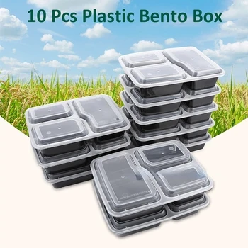 10 Vnt. Plastiko Daugkartinio Naudojimo Bento Box Miltų Laikymo Maisto Ruošimo Priešpiečių Dėžutė 3 Skyriuje Daugkartinio Naudojimo Microwavable Konteineriai Namų Lunchbox