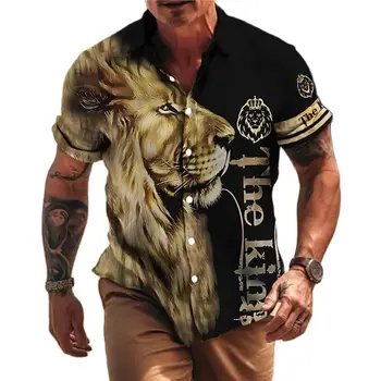 Vasaros Vyrų Havajų Marškinėliai Hip-Hop Stiliaus Gyvūnų Liūtas Grafinis išjunk Streetwear trumpomis Rankovėmis Beach Negabaritinių Marškinėliai Drabužių