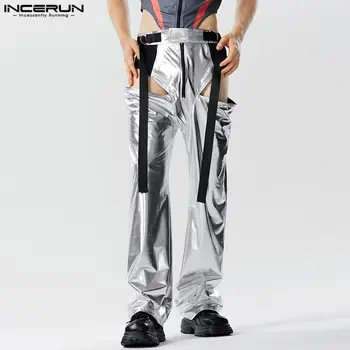 INCERUN 2023 Amerikietiško Stiliaus Naujas Vyrų Kelnės Blizgučiai Audinio Danga Tuščiaviduriai Juostelės Ilgos Kelnės Atsitiktinis High Waisted Pantalons S-5XL