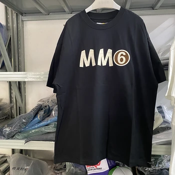 Vasaros Diržo logotipą, MM6 Margiela T-shirt Vyrų ir Moterų Street Wear 3D klijais spausdinti atsitiktinis trumpomis rankovėmis aukštos kokybės marškinėliai
