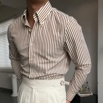 Britų Atsitiktinis Seersucker Dryžuotas ilgomis Rankovėmis Marškinėliai vyriški Slim Atsitiktinis Verslo Marškinėliai Aukštos Kokybės