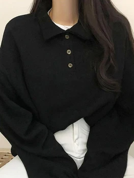 Negabaritinių Polo T-Shirt Moterims Korėjos Mados Preppy Stiliaus Megztinis Viršūnes Ponios Rudens Žiemos Atsitiktinis Ilgomis Rankovėmis Pliušinis Susagstomi Megztiniai