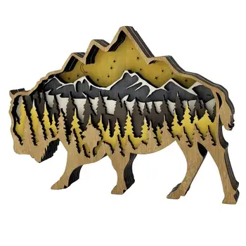 3d Medinio Gyvūnų Statulos, Drožyba Dekoratyvinių Gyvūnų Multi-Layer Raižyti Gyvūnų Bison Figūrėlės Medinių Miško Gyvūnai Ornamentu