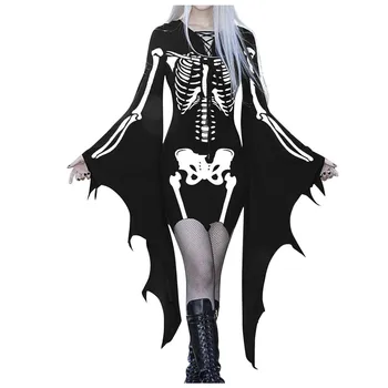 Moterų V-Kaklo Suknelė Mados Gothic Punk Kaulų Spausdinti Plačios Rankovės Dirželis Suknelė Plonas Gpgb ilgomis Rankovėmis Trumpą Suknelę Vestidos