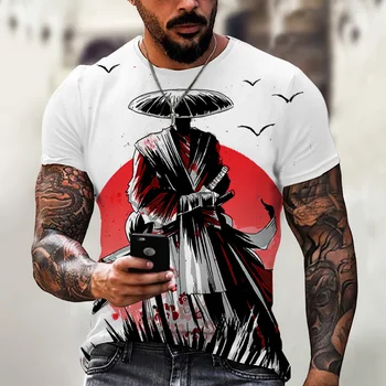 Vyriški 3D Vasaros Derliaus Samurajus T-shirt Japonų Stiliaus Atspausdintas Trumpas Rankovės Viršuje, Gatvės, Hip Hop, Gatvės Drabužiai, vyriški Drabužiai