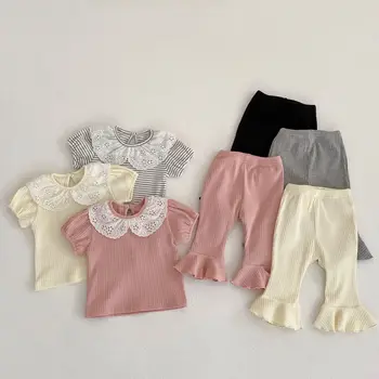 2023 Vasaros Kūdikiui Baby Girl 2VNT Drabužių Nustatyti Medvilnės trumpomis Rankovėmis Nėrinių marškinėliai Šildomi Užsiliepsnojo Kelnės Kostiumas Bamblys Merginos Komplektai