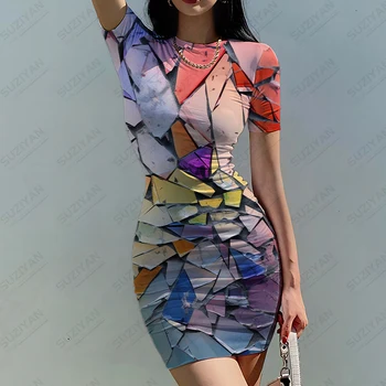 Spalvinga Stiklo Skeveldros 3D Printed Dress Moterų Apvalios Kaklo Suknelė Vasaros Mados Klasikinis trumpomis Rankovėmis Suknelė Gatvės Madinga Suknelė