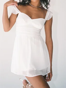 CHRONSTYLE Elegantiška Berankovė Raukiniai Dirželis Baltas Mini Suknelė Moterų V-kaklo Push Up Ruched Aukšto Juosmens Suknelė Šalies Klubas Vestido