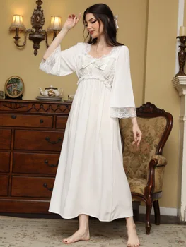 Moterų Rudenį Raukiniai Bowknot Blyksnius Rankovės Pižama Nightdress Medvilnės Nėriniai Pasakų Princesė Derliaus Nightgowns Viktorijos Sleepwear