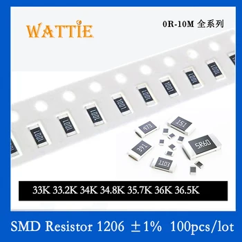 SMD Rezistorius 1206 1% 33K 33.2 K 34K 34.8 K 35.7 K 36K 36.5 K 100VNT/daug chip resistors 1/4W 3.2 mm x 1.6 mm