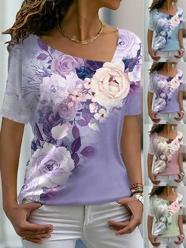 Moterų Gėlių Tapyba Marškinėliai Rožių Gėlių Spausdinti V Kaklo Pagrindinio Viršūnes trumpomis Rankovėmis T-shirt, 3D Spausdinimas